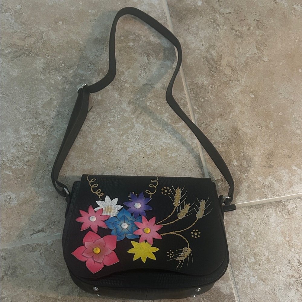 Floral Embellished Black Shoulder Bag